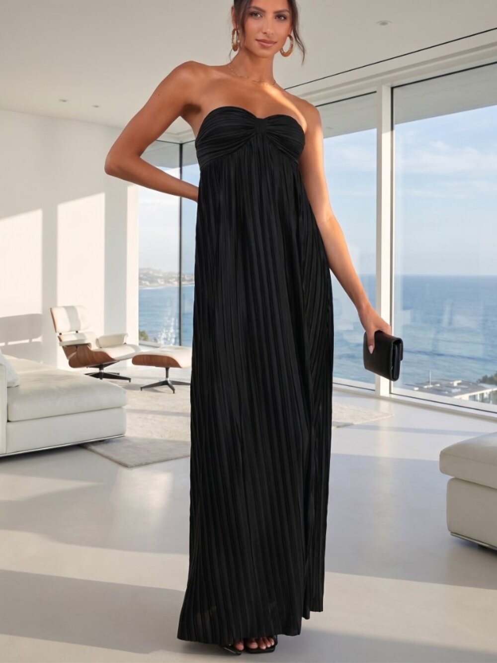 NWT LULUS whimsical beauty plisse strapless maxi dress black XL
